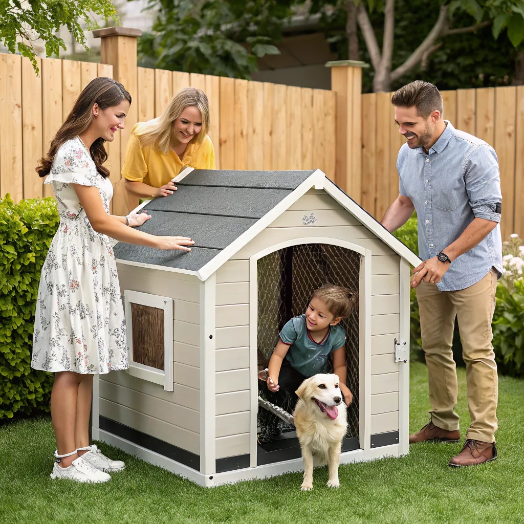 Customer posing with their family and new kennel